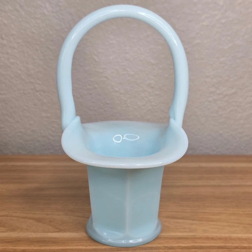 Vintage Fenton Pastel Blue Opaque Milk Glass Paneled Art Glass Basket 7